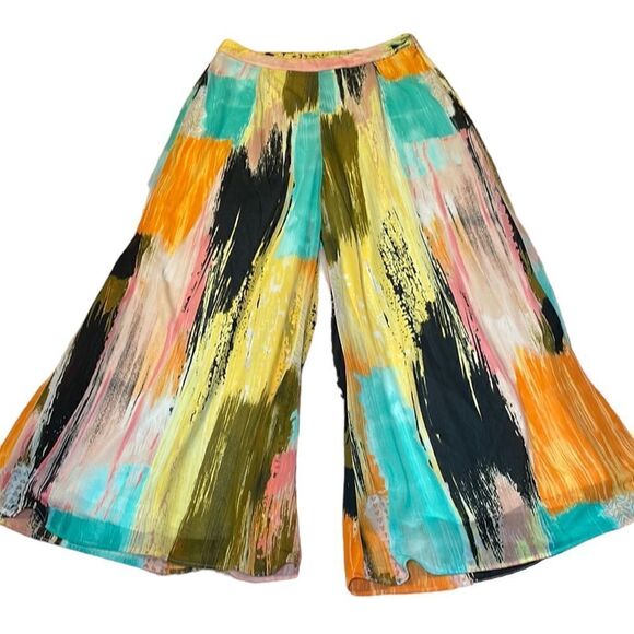 Eci Multi Color Palazzo Pants, Orange, Yellow, Teal wide-leg, Large - Picture 1 of 7
